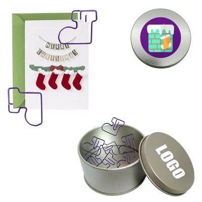 Christmas Sock Shaped Paper Clips with Tin Box