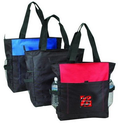 Outdoor Deluxe Zippered Tote Bag w/ 2 Side Mesh & Front Pockets