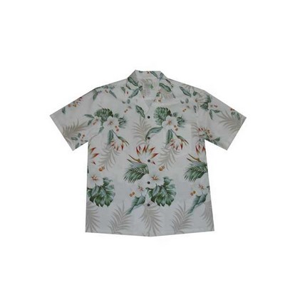 White Hawaiian Border Print Cotton Poplin Shirt w/ Button Front