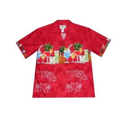 Red Hawaiian Border Print Cotton Poplin Shirt w/ Button Front