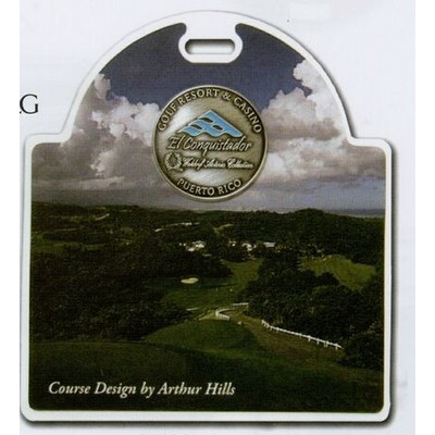 Two Sided Sunrise Printed Plastic Bag Tag w/ Medallion 3 1/4"x3 5/8"