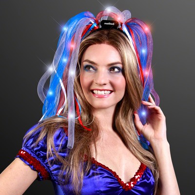 Promotional Red/White/Blue Noodle Headband w/ LED's & Ribbons - Domestic Imprint