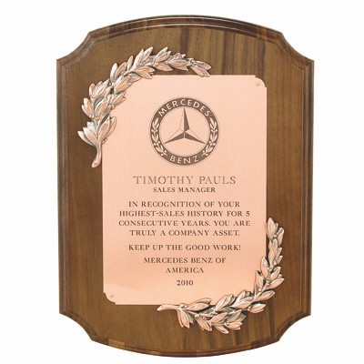 Vertical Genuine Walnut Plaque w/Bronze Engraving Plate & Wreaths (11"x15")