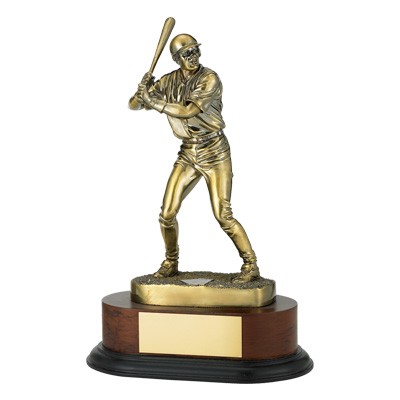 11¾" Electroplated Antique Brass Baseball Trophy on Wood Base