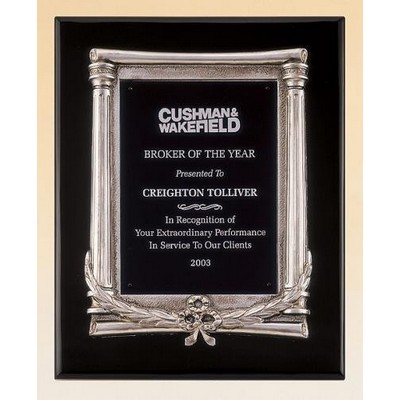 Black stained piano finish plaque with an antique silver finished frame casting plate, 10 1/2 x 13"