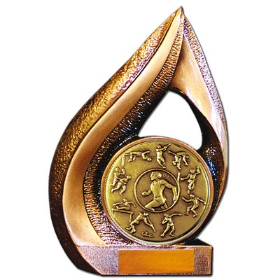 Stock 9" Flame Trophy with 2" Track Male Coin and Engraving Plate