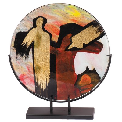 Desert Hues Colorful Circular Art Glass Award on Black Metal Stand - 17 1/2'' H