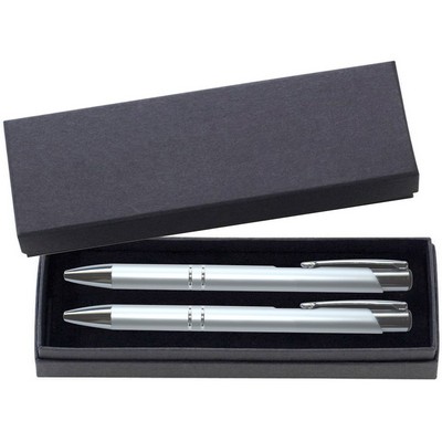 JJ Series Pen and Pencil Gift Set in Black Cardboard Paper Gift Box with Velvet lining - Silver pen