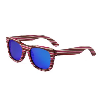 Layered Maple Sunglasses - Red Mirror Polarized Lenses - Red Rainbow Wood Frames