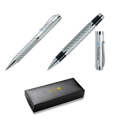 Silver-Carbon Fiber Pen Set in Gift Box (Roller Ball + Ball Point Pens)