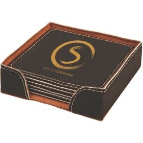 Black & Gold Leatherette Square Coaster Set