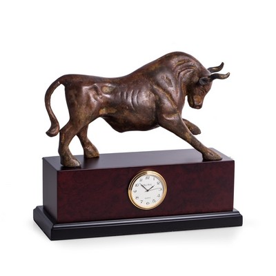 Brass Bull Sculpture w/Flamed Patina Finish w/Quartz Clock on "Burl" Wood & Black Base.