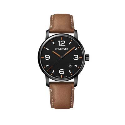 Swiss Army Urban Metropolitan Black Dial with Orange hands, PVD Case, Geniune Brown Leather Strap