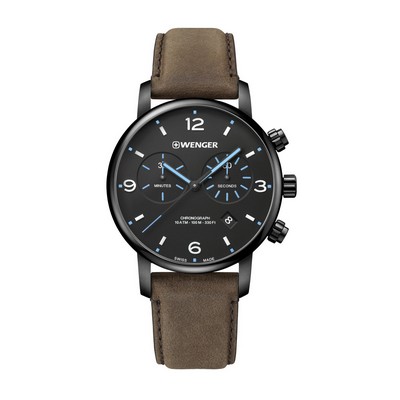 Swiss Army Urban Metropolitan Black Chronograph Dial with Blue hands, PVD Case, Brown Strap