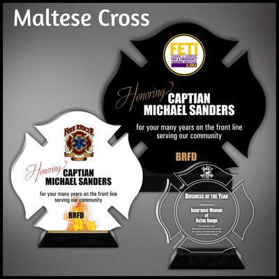 6" Maltese Cross Clear Acrylic Award in a Black Wood Base