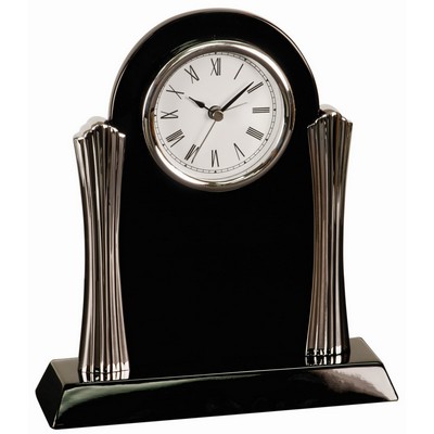 8 1/4" x 7 1/2" Black Piano Finish Clock with Silver Columns