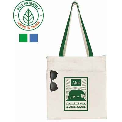 12 oz Cotton Canvas Tote Bag Green Trim - Eco Friendly Book Tote 15 x 14 x 5