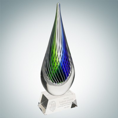 Art Glass Ocean Green Narrow Teardrop Achievement Award w/Clear Base