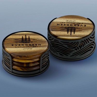 4 Acacia Wood Round Coaster Set with Black Metal Stand