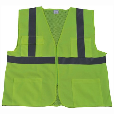 Lime Front Solid Mesh Back 4-Pocket ANSI Class II Safety Vests