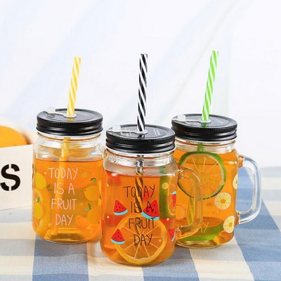 Regular Mason Glass Mason Jar Mugs With Handle And Straw 16OZ