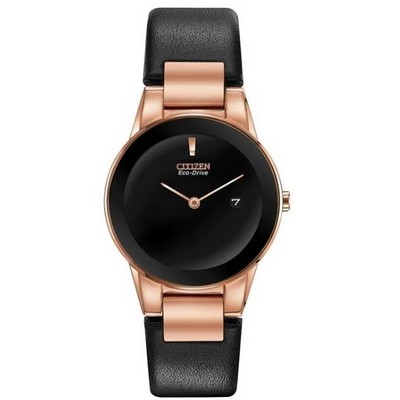 Citizen® Ladies' Eco-Drive® Pink Gold-Tone Watch w/Black Leather Strap