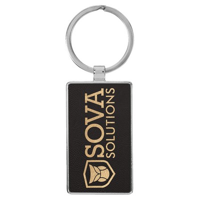 2 3/4" x 1 1/4" Laserable Leatherette/Metal Black/Gold Rectangle Keychain