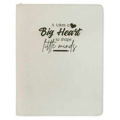 Zipper Portfolio with Notepad, White Faux Leather, 9 1/2" x 12"