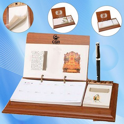 Wooden Notepad Calendar with Stylish Pen Holder