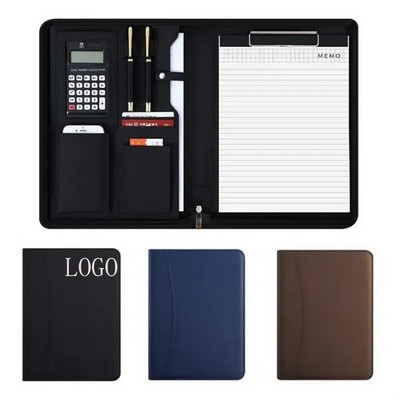 Stylish Vegan Leather Zippered Portfolio with Calculator