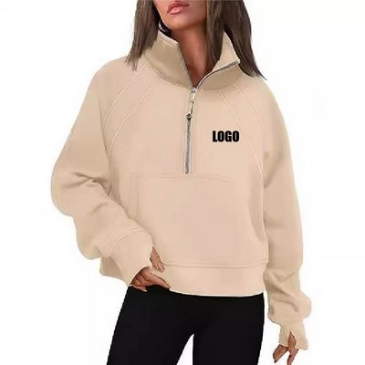 Women's Half Zipper Plush Sweater With Standing Collar