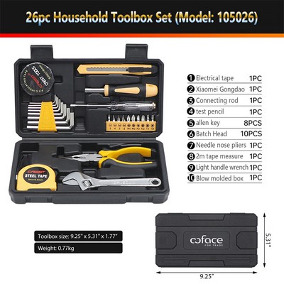 HandyPro 26pc Household Toolbox Set with Wrench, Electrical Tape, and Pliers