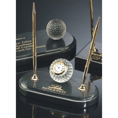 Crystal Golf Ball Clock Award w/Pen Set