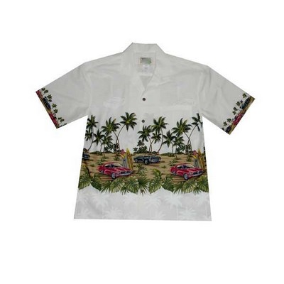 White Hawaiian Border Print Cotton Poplin Shirt w/ Button Front