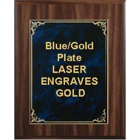 Classic Walnut Plaque 9" x 12"- Blue/Gold -7" x 10" Hi-Relief Plate