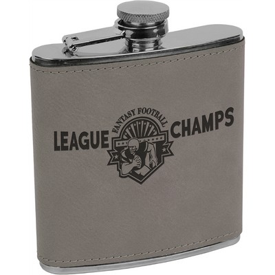 Stainless Steel Flask with Gray Faux Leather, Engraved, 6 oz