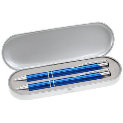 JJ Series Pen and Pencil Gift Set in Silver Tin Gift Box with Hinge Cover - Blue pen