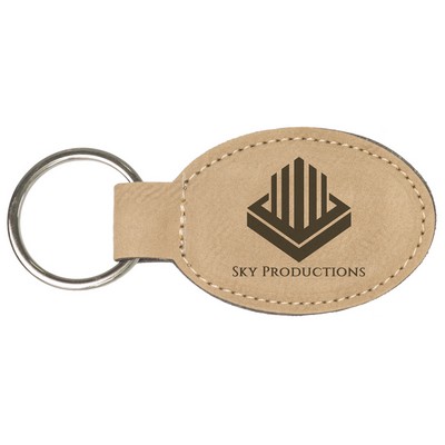 Light Brown Oval Keychain with Soft Edges, Laserable Leatherette, 3" x 1-3/4"