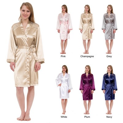 Lace Yoke Stretch Silky Satin Knee-Length Kimono Robe