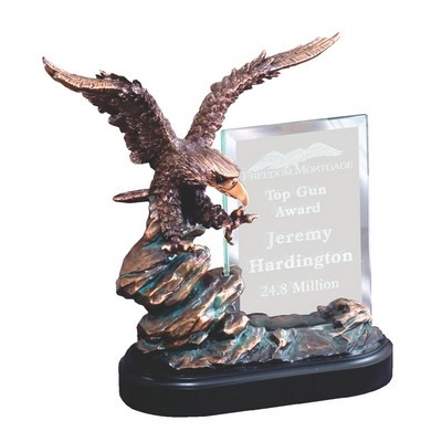 Resin Eagle Perched on Black Base with Glass Plaque