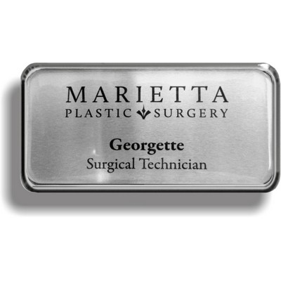 Bright Silver Plastic Framed Badge w/Brushed Metal Insert and Domed (1 1/2" x 3")