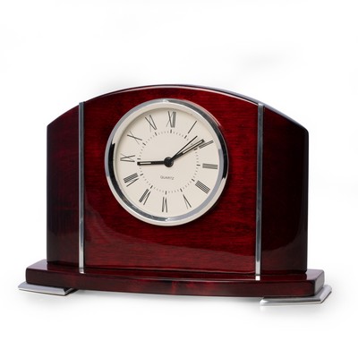 Lacquered Mahogany Wood Quartz Movement Clock with Stainless Steel Accents.