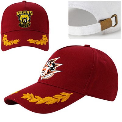 Golden Leaf Embroidered 5 Panel Structured Caps w/ Buckle