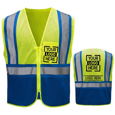 Hi Vis Reflective Class 2 Mesh Blue Bottom Safety Vest With Pockets