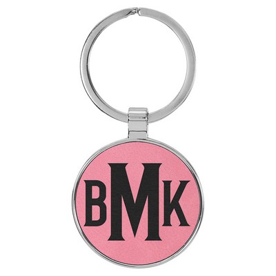 1 1/2" Laserable Leatherette/Metal Pink Round Keychain