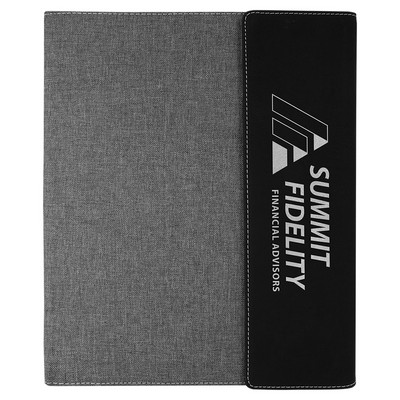 9 1/2"x12" Black/Silver Laserable Leatherette / Gray Canvas Portfolio w/Notepad