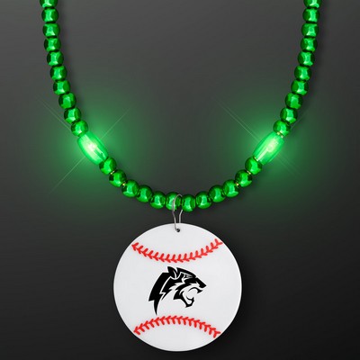 Green LED Bead Necklace with Baseball Medallion - Domestic Imprint