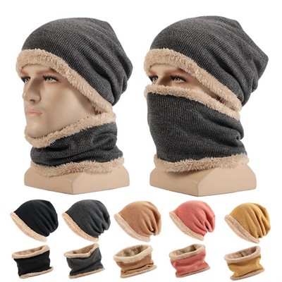 Winter Beanie Hat Scarf Set Knit Skull Caps Fleece Lined