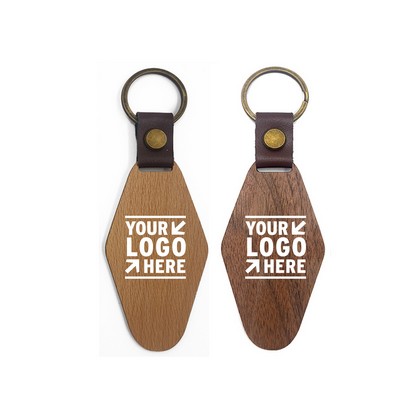 Rhombic Wooden Leather Keychain