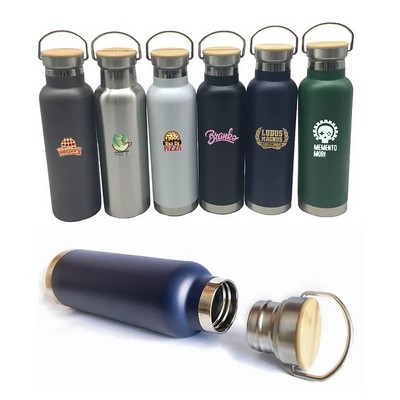 20 Oz. Stainless Steel Double Wall Vacuum Bottle with Bamboo Lid